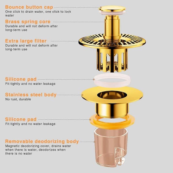 Universal sink drain plug 32-43 mm, Pop-Up Universal drain plug, Up with seals, Accelerates drainage without clogging (Gold)