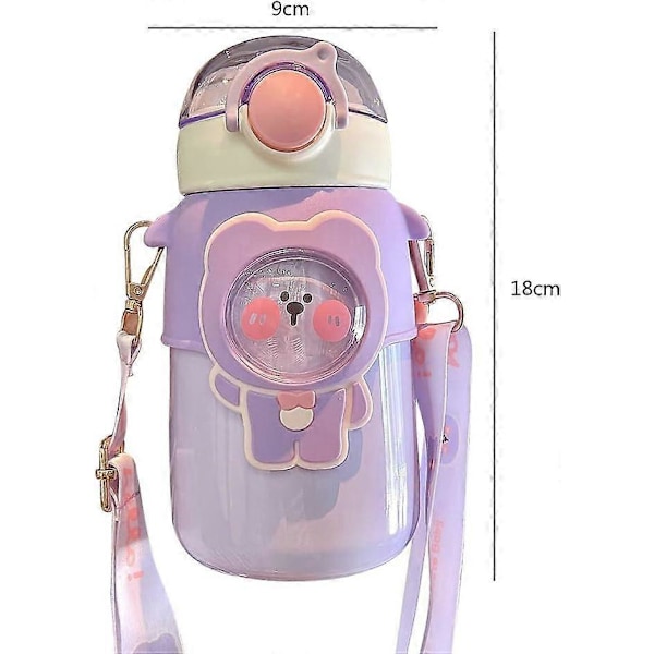 Kawaii Vannflaske med Sugerør, Søte Vannflasker med 3D Kawaii Klistremerke, Rustfritt Stål Vannflaske 600ml (Lilla)