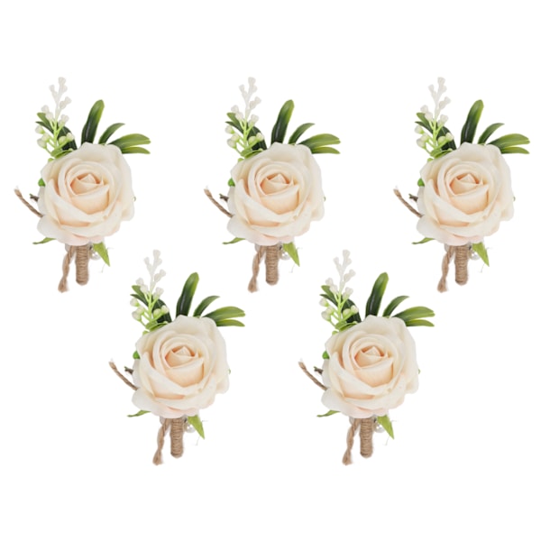 5 stk bryllupsknapphullsbrosje med fast nål i plast, kunstig blomsterkorsasj for brud og brudgom i champagnefarge