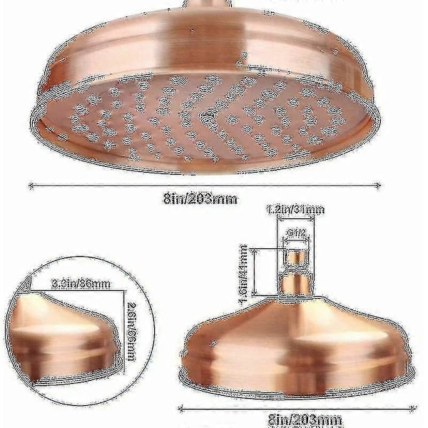 Kobber Brusehoved, 20 cm (8 tommer) Diameter, Højtryks Fast Brusehoved Med Justerbar Vinkel
