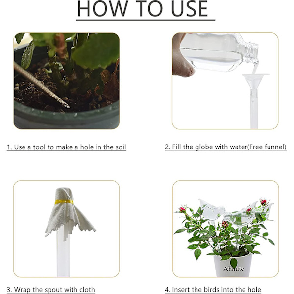Sæt med 6 glasvandingskugler med fugleformede automatiske vandingsspidser til indendørs og udendørs planter, fremstillet af PVC, ingen lækage