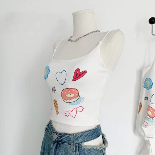Kvinners Spaghetti Stropp Tank Top med Brystplate Søt Trykkmønster Myk Komfortabel Slim Fit Tynn Stropp Tank Top for Jenter Hvit Gratis Størrelse
