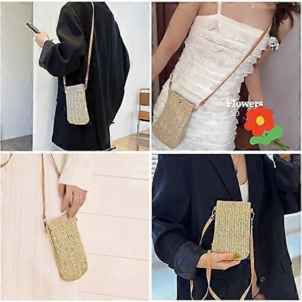 Hvide Crossbody Tasker, Casual Vævede Stråtasker til Kvinder, Vævede Skuldertasker, Mobiltelefontasker