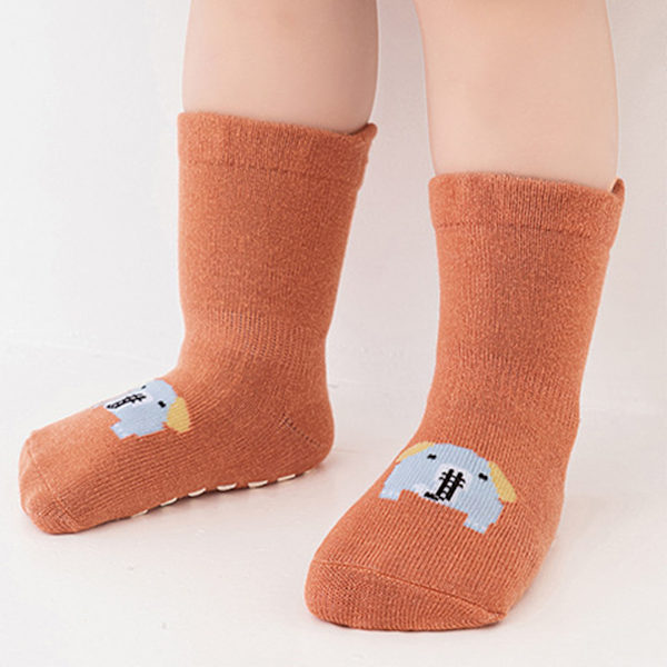 1 par barnsockor orange söt elefantmönster kammad bomull varma halkfria golvsockor för inomhus L (3 till 5 år gamla)