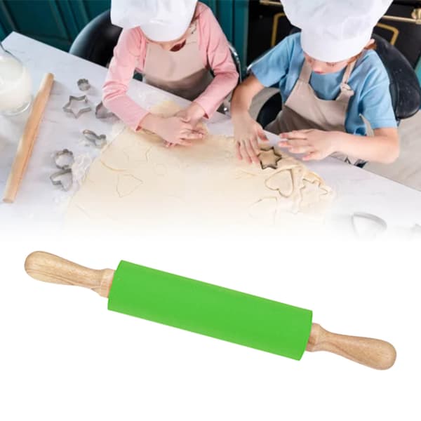 Forlenget kjevle i silikon med solid trehåndtak, non-stick overflate, bakeverktøy, grønn