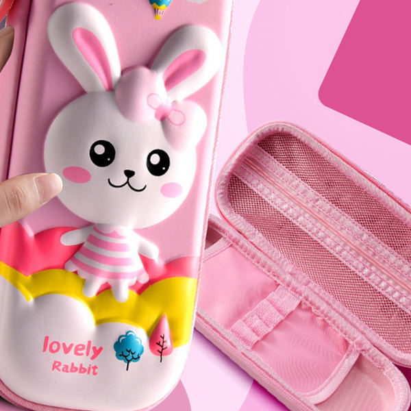 Cartoon Pennfodral EVA 2 Lager Lärande Stationery Box Pojkar Flickor 3D PU Läder Stor Kapacitet Rosa Söta Kanin