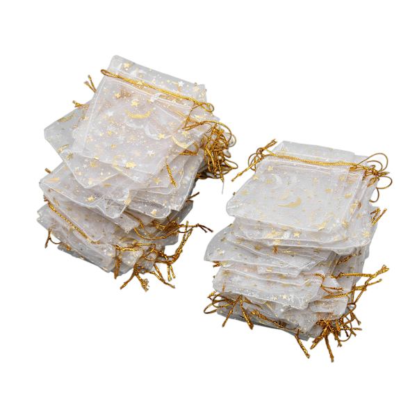 100 stk Moon Star Organza-tasker 2,8x3,5 tommer gennemsigtige Organza-snøreposer Snøre-gaveposer til bryllupsfest Hvid