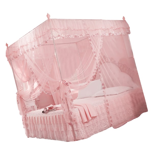Luxury Princess 3 sideåpninger Stolpeseng Gardin Baldakin Netting Myggnett sengetøy (rosa M)