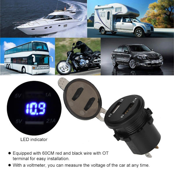 5V/1A 5V/2.1A Dubbla USB-portar Billaddare Spänningsdisplay Digital Voltmeter Fordon IP66 Vattentät Blå DC12‑24V