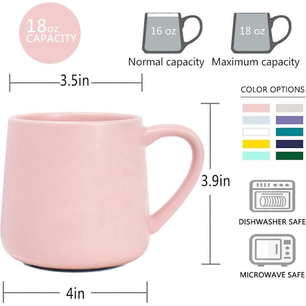Stor, blank keramisk kaffekrus, lyserød tekop til kontor og hjem, 532 ml, egnet til opvaskemaskine og mikroovn, 1 stk. (Lyserød)