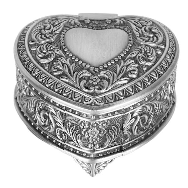 Metall Hjärtform Smyckeskrin Legering Vintage Hjärta Prydnadslåda Lätt hjärta Organizer för brosch Ringar Örhängen Antik Silver