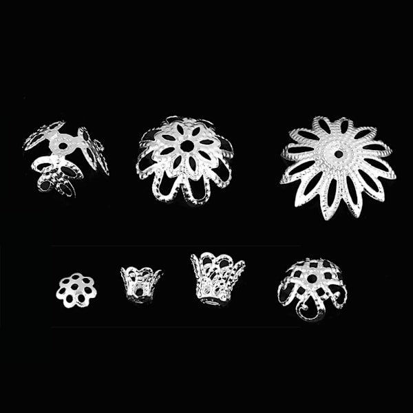 300 st 7-storlek Blomformad Spacer Bead Cap Smycken Att göra fynd Metalltillbehör (silver)