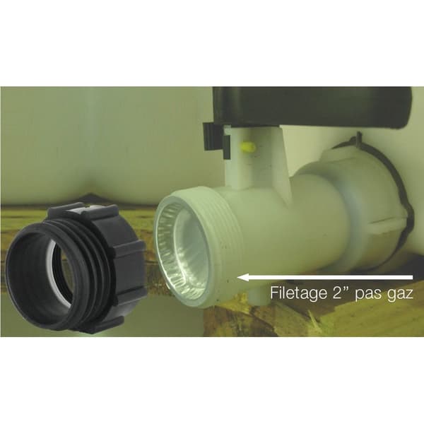 Multi-tank – 2\" indvendigt gasgevind til 2\" udvendigt S60X6 adapter – Polypropylen til 1000L tanke – Direkte ventilmontering – Tilslutning til vandgenvinding