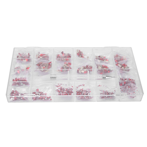 600+2500stk Rød Neglekunst Dekoration Flatback Glas Sten DIY Neglekunst Picker Dotting Pen Sæt
