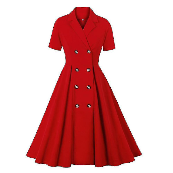 Vintage Hepburn-stil Dobbeltbrystet Lapel Kjole til Kvinder - Rød