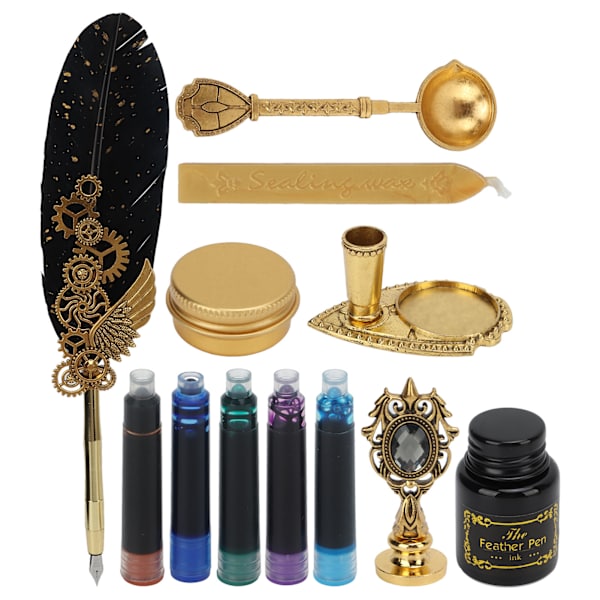 Fjærpenn Business Fire Lacquer Stamp Europeisk Retro Stil Sprinklet Gull Fjær Rustfritt Stål Dip Pen Set med Blekkpose Svart