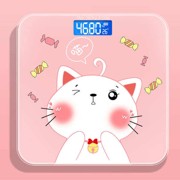 Digital våg i härdat glas, smart och exakt mätning, digital våg för hemmabruk, LCD Candy Cat 26x26cm / 10,2x10,2in batterimodell