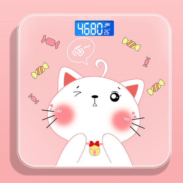 Digital vægt i hærdet glas - Smart, præcis måling - Digital vægt til hjemmebrug - LCD Candy Cat 26x26cm / 10.2x10.2in - Batterimodel