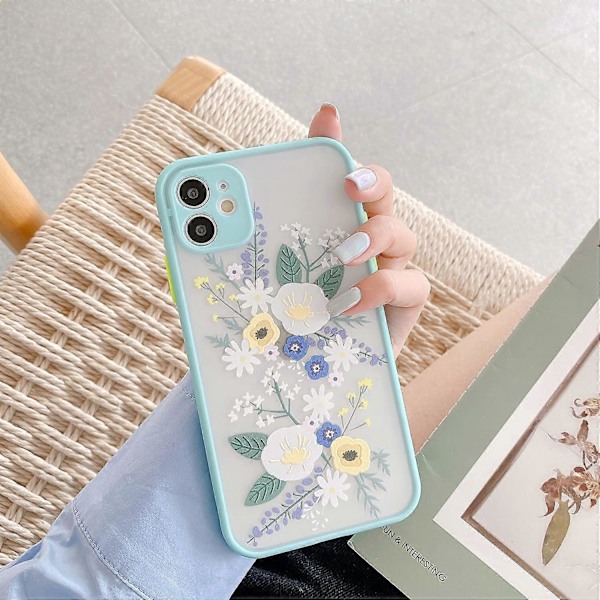 Yhteensopiva iPhone 11 -kuori, jossa kukka, kirkas himmeä PC-takakansi, kukkakuvioinen tyttöjen naisten ja pehmeä TPU-suojasilikoninen ohut kuori iPhone 11 -puhelimelle - Sininen