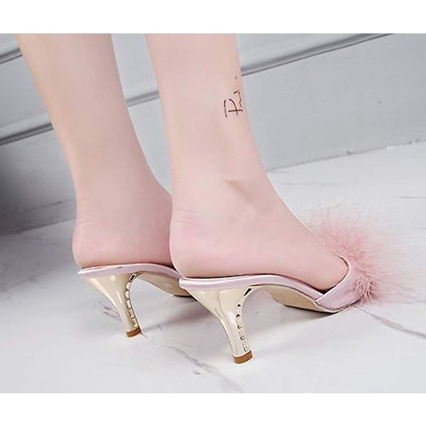 Damtofflor Kitten Heels Fuzzy Tofflor Mules Slide Sandal