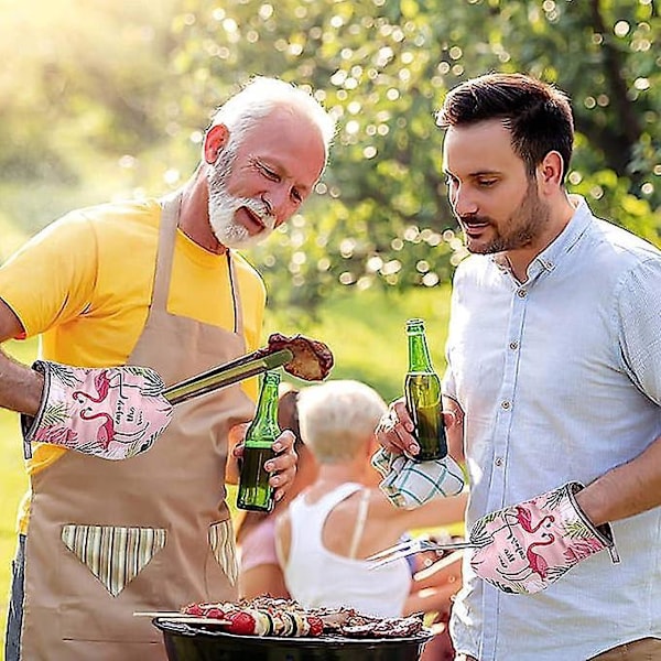 Ovnhandsker og grydelapper Bomuld Køkken Ovnhandsker Varmebestandige Grydelapper til Ovn Grill Madlavning Håndtering (Flamingo)