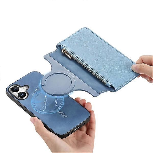 CASENEO Compatible with iPhone 16 Cross-Grain Leather Case Detachable Magnetic Phone Case Blue