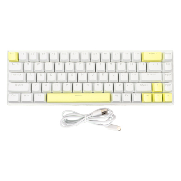 Pelikäyttöön tarkoitettu näppäimistö, USB, 68 näppäintä, sininen kytkin, N-näppäimen rollover, 10 RGB-taustavalotilaa, langallinen näppäimistö pöytätietokoneelle ja kannettavalle tietokoneelle, valkoinen ja keltainen