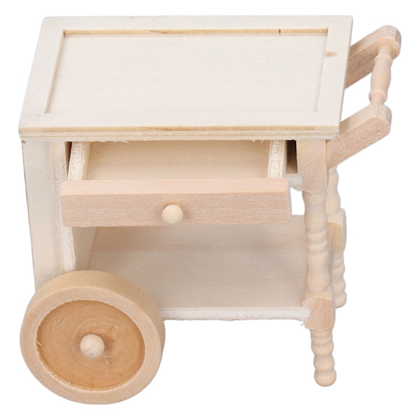Mini spisevogn i træ, naturtro, umalet, retro-ornament, miniature madserveringsvogn til 1/12 dukkehus