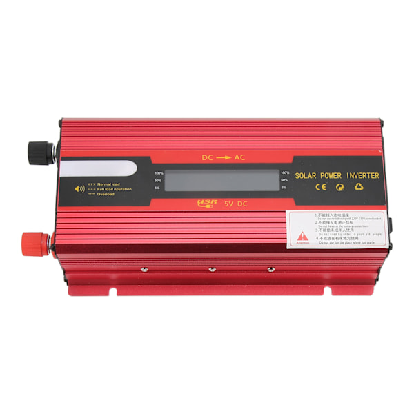 Punainen modifioitu siniaaltotehoinvertteri DC 12V/24V AC 110V:iin, jossa kaksi AC-pistorasiaa, USB-latausportti ja LCD-näyttö