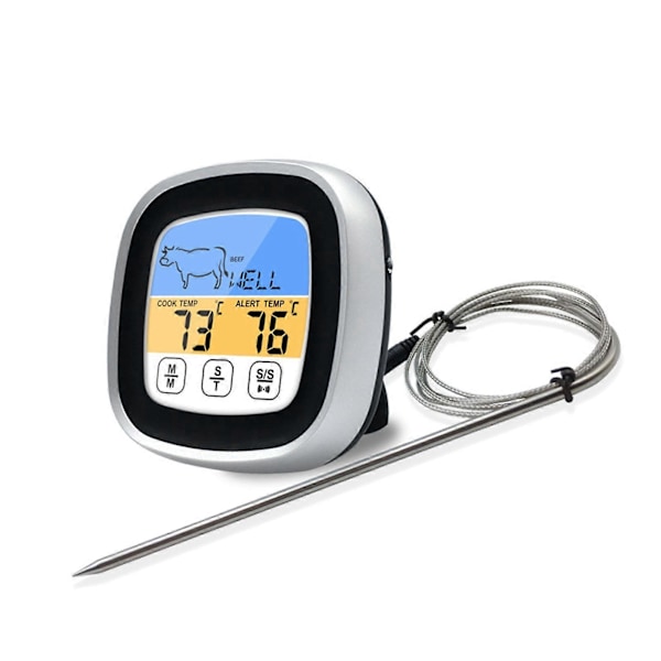 Digital Timer Termometer Touch Screen Rostfritt Stål Kötttermometer för Kök BBQ Svart