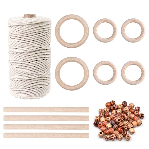 Håndverk DIY Plantehengere 109 Yards 3mm Naturlig Makrame Snøre med 60 stk Tretreperler 6stk Tretre Ring og 4stk Tretre Pinne