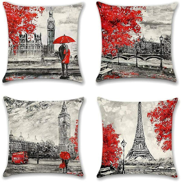 Sett med 4 Putetrekk, Polyester og Lin Dekorativt Putetrekk Sofa Bil Hjem Dekor Putetrekk 45 x 45 cm (Par Rød)