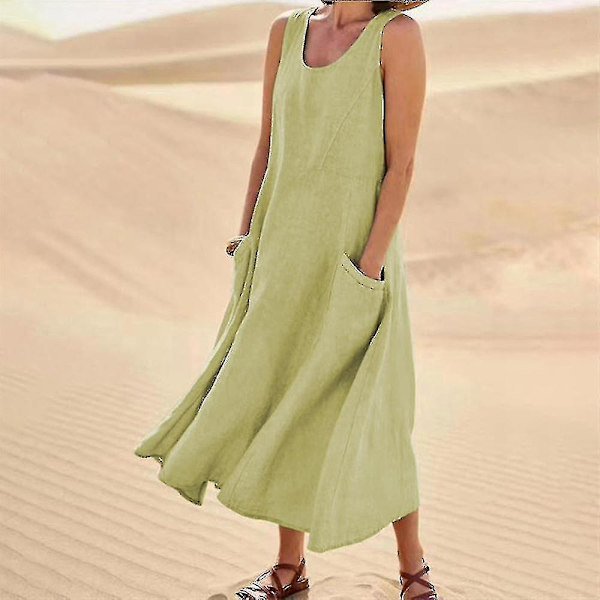 Hihaton Puuvilla-Pellava Boho Rantaleninki Taskuilla - Naisten (Khaki, M)