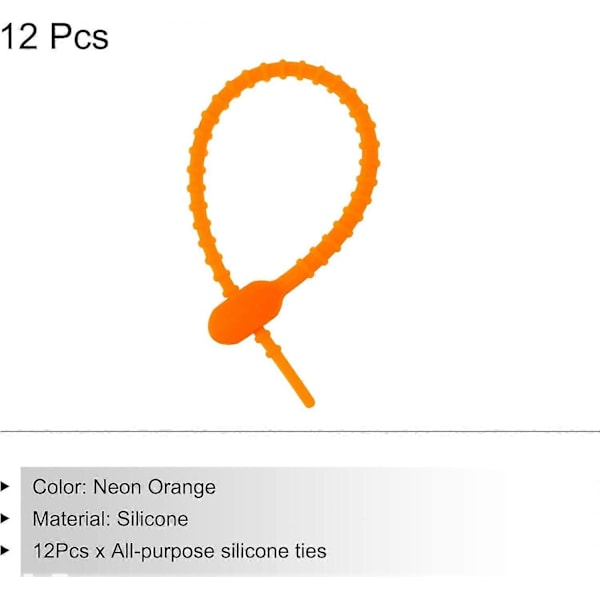 Återanvändbara dragkedjor, 15 cm silikonband, fickklämmor, allround buntband, brödband, hushållsbuntband (Neon Orange, 12-pack)