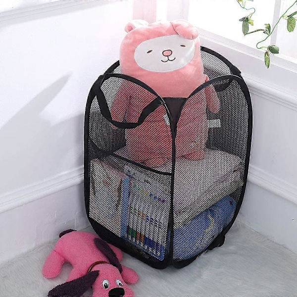 2 Stycken Hopfällbara Tvättkorgar Pop Up Mesh Tvättkorg Bin Bag Tvättkorg Leksaksförvaring Organizer (Svart)