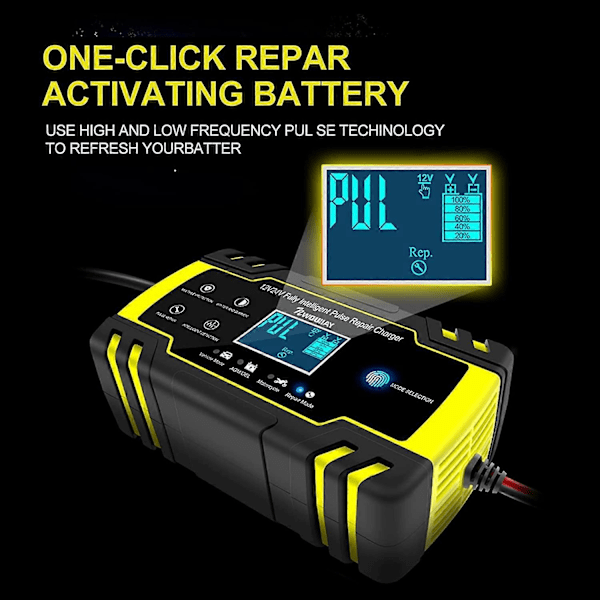 8A 12V/24V Portabel Smart Batteriladdare med LCD Touch Screen, Flera Skydd, Reparationsläge för Bil, Motorcykel, Gräsklippare och Båtar m.m.