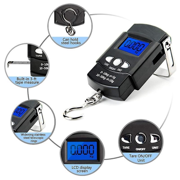 Digital Fiskevåg 110lb/50kg Bakgrundsbelyst LCD Bärbar Elektronisk Vågskala med Mätband