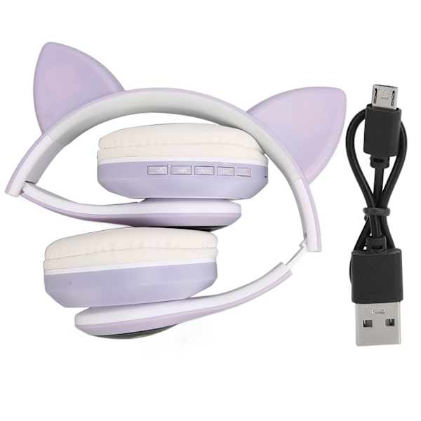 Bluetooth 5.0 hörlurar Cat Ear LED Light Trådlöst söta headset för unga människor Lila katttassmönster