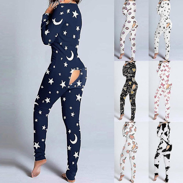 Sexiga kvinnors rumpflik-jumpsuitpyjamas - Bekväma loungekläder 2XL måne stjärnor