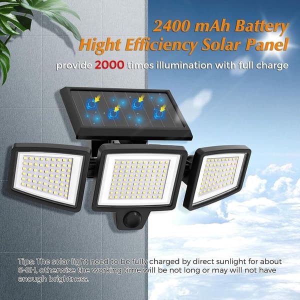 2500LM 210 LED Outdoor Solar Powered Security Light, 3 Head Motion Sensor Lights, IP65 Waterproof, Wall Lights with 3 Modes, 1 Piece White