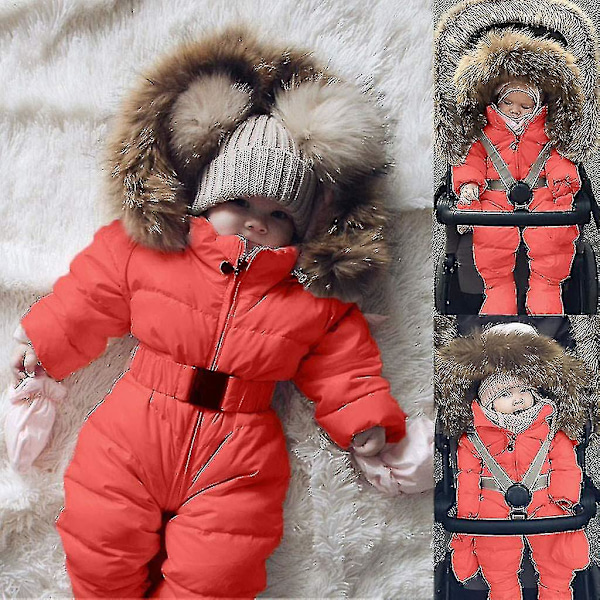 Unisex Baby Hooded Jumpsuit - Fur Collar, 0-24 Months 90cm Orange