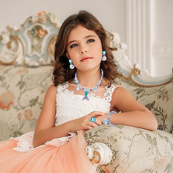 Havfrue smykker og prinsessekjolesett for jenter - Halskjede, armbånd, ringer, øredobber, festdekorasjoner og bursdagsgave