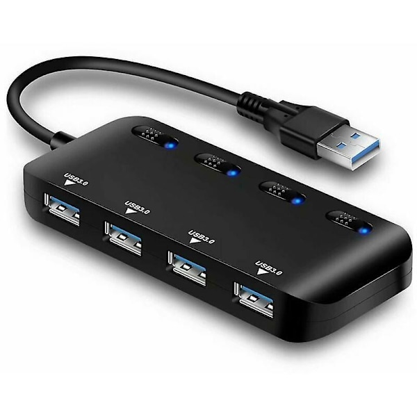4 Portars USB 3.0 Hub, USB Hub Splitter med Strömförsörjning, 5Gbps Datahubb med Separat Strömbrytare och LED