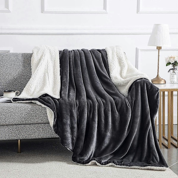 Sherpa Fleece Filt Sängöverkast Filtar För Soffor Mjuk Fluffig Tjock Filt Vändbar Mikrofiberpläd (Grå, Dubbel (150 x 200 cm))