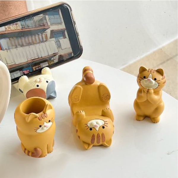 Katt Ornament Multifunksjonell Telefon Tablet Briller Penneholder Skrivebordsdekorasjon for Hjem Klem Hender Ocelot