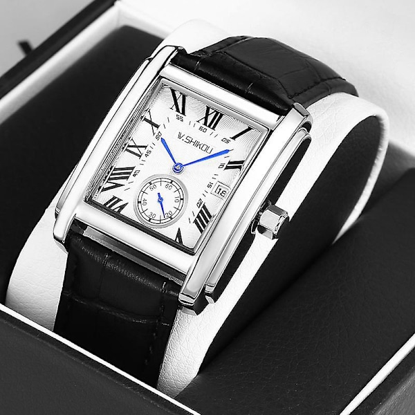 Herreur Firkantet Ur, Vintage Læder Cuff Ur, Romertal Analog Quartz Ur, Læderrem Klassisk Vintage Ur med Automatisk Kalendervindue