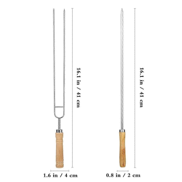 8 stk Grillspyd i rustfritt stål med trehåndtak BBQ Gaffel Kabob-pinner med snorpose for grilling