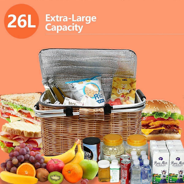 26L Sammenleggbar Piknikkurv, Tepas Kjølebag, Isolert Myk Kjøler, Termisk Bag for Piknik, Strand, Campingdrikker, Grillmat