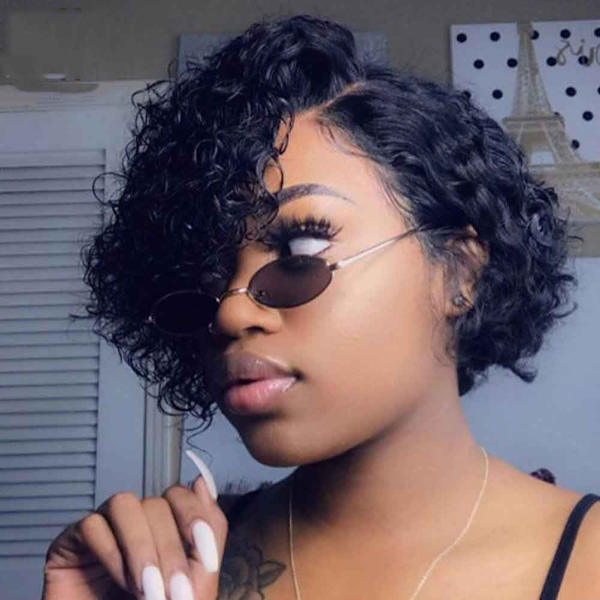 Kort lockig peruk afro människohår peruk mode kvinnor spets front peruk för Cosplay Party