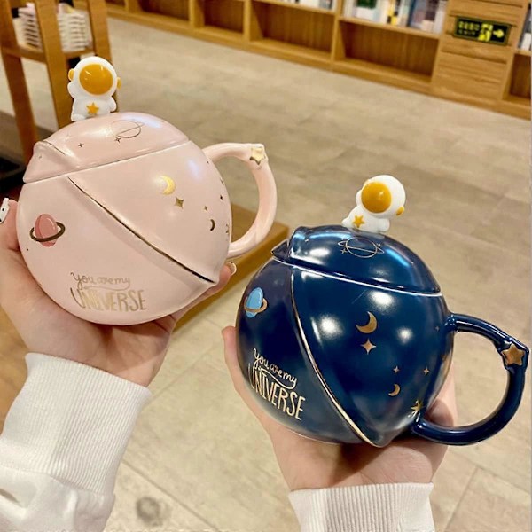 2025 Ny Söt Astronaut Mugg med Lock och Sked, Kawaii Kopp Nyhet Kopp Kaffe, Te och Mjölk, Mugg Gåva Mörk